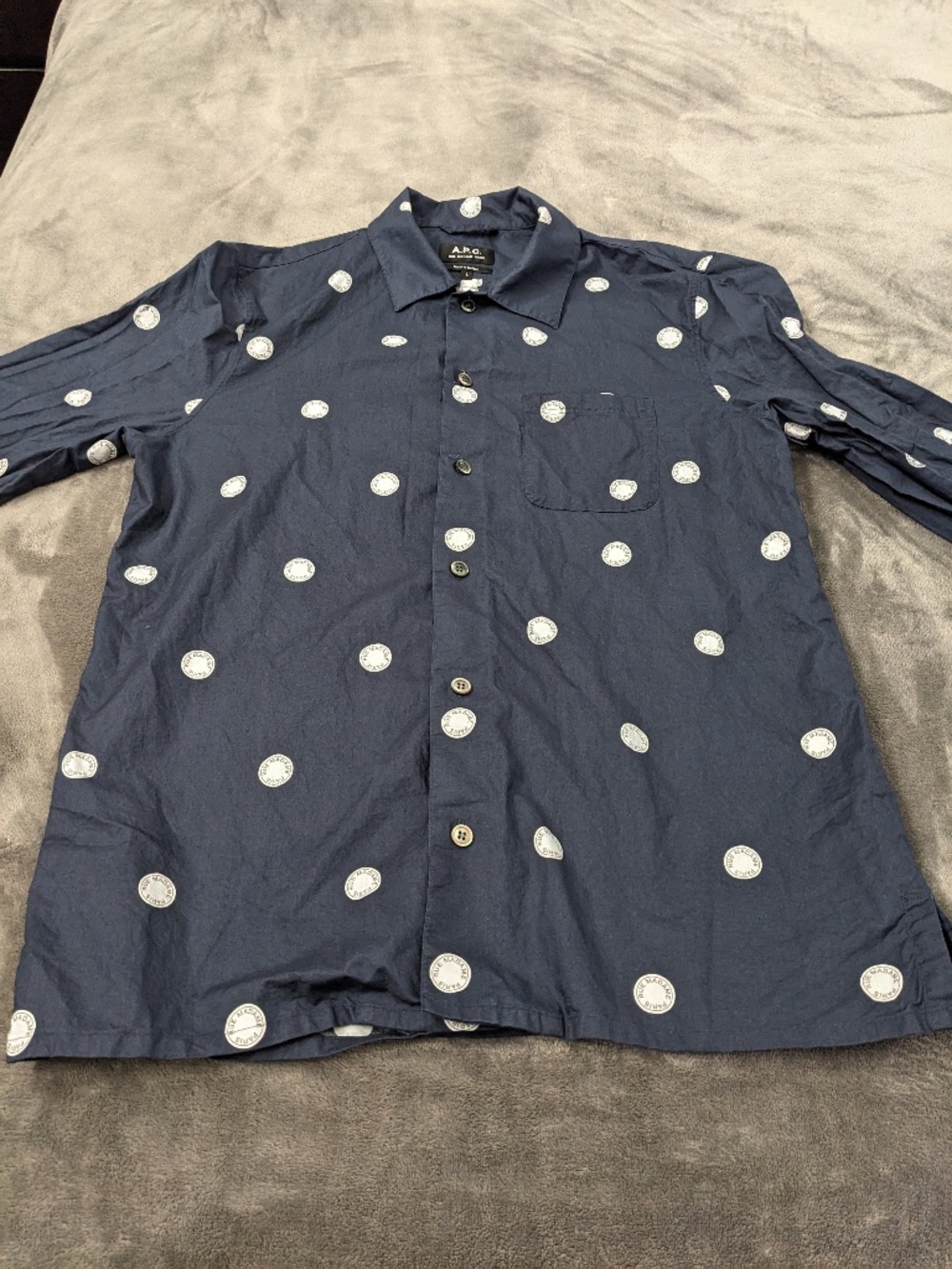 A.P.C. Navy Blue Button-Up Shirt with White Polka Medallions